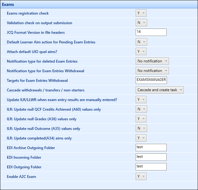 Exams institution settings screen